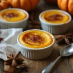 Cozy and creamy pumpkin custard dessert in a bowl, perfect for fall.