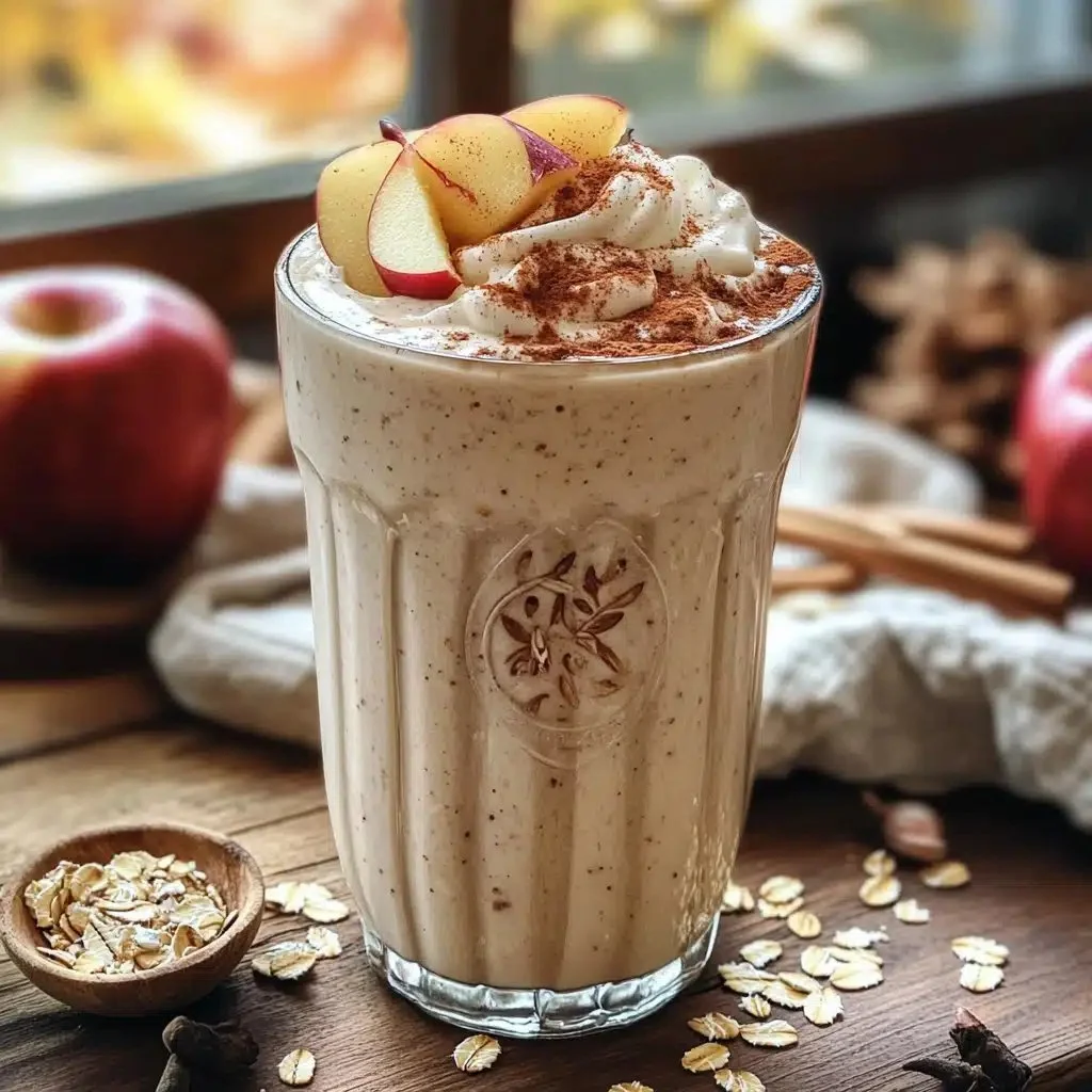 Delicious apple pie smoothie in a glass topped with cinnamon and apple slices