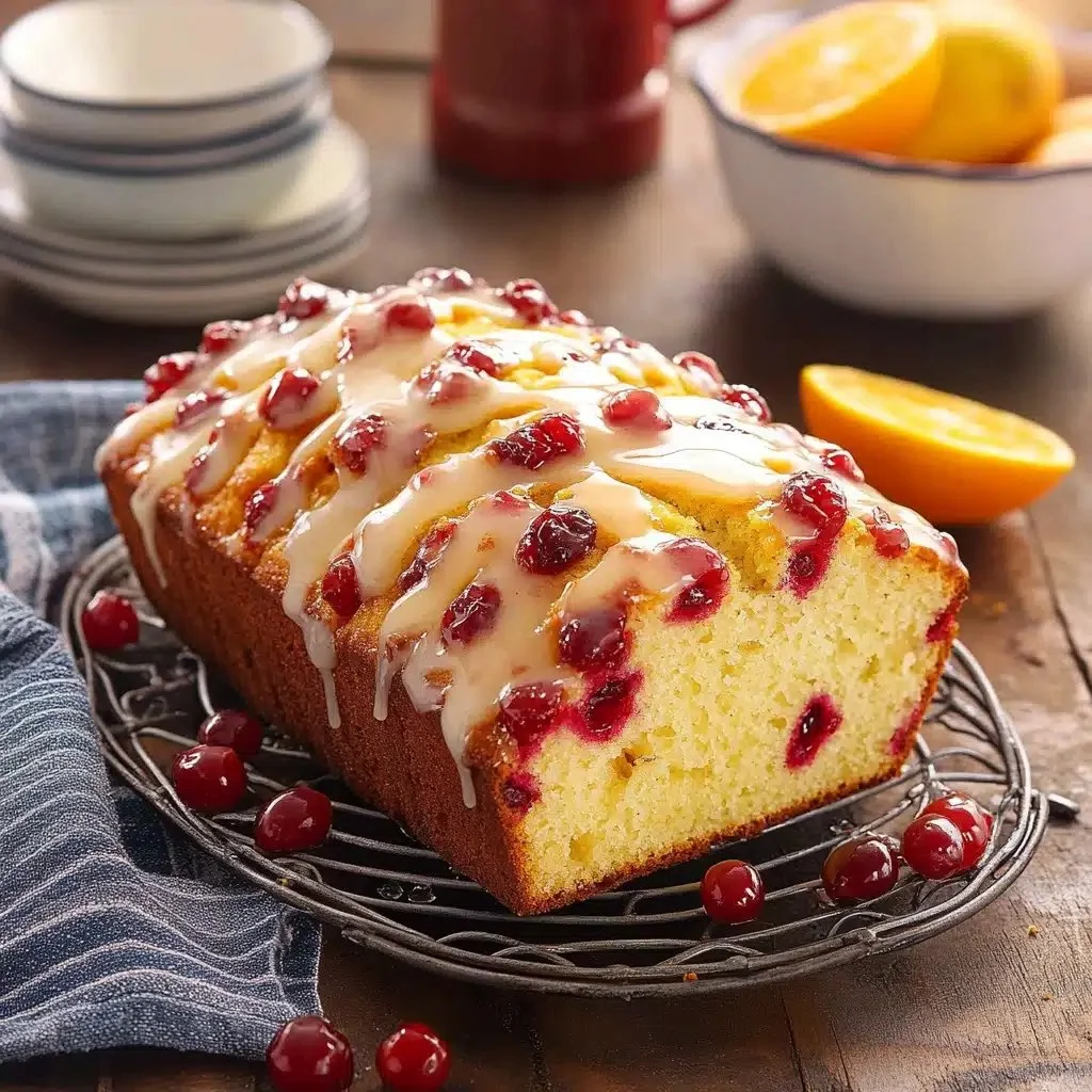 Slice of cranberry bread with orange glaze on a plate, perfect for holiday celebrations.