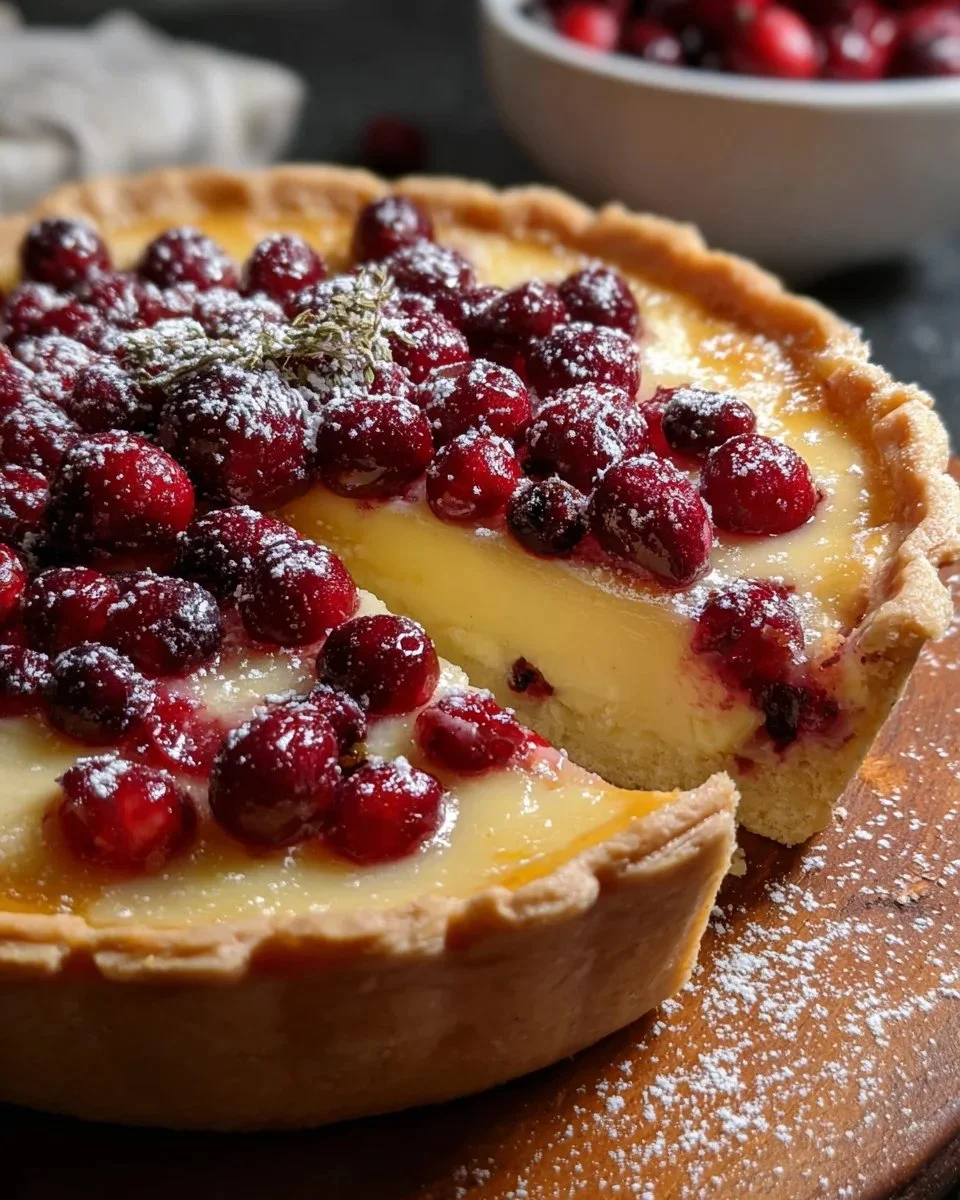 Slice of delicious Cranberry Custard Pie with fresh cranberries on top