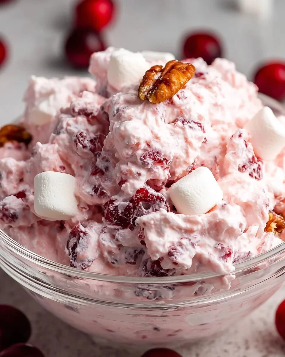 Cranberry Fluff Salad with whipped cream, cranberries, and nuts in a bowl