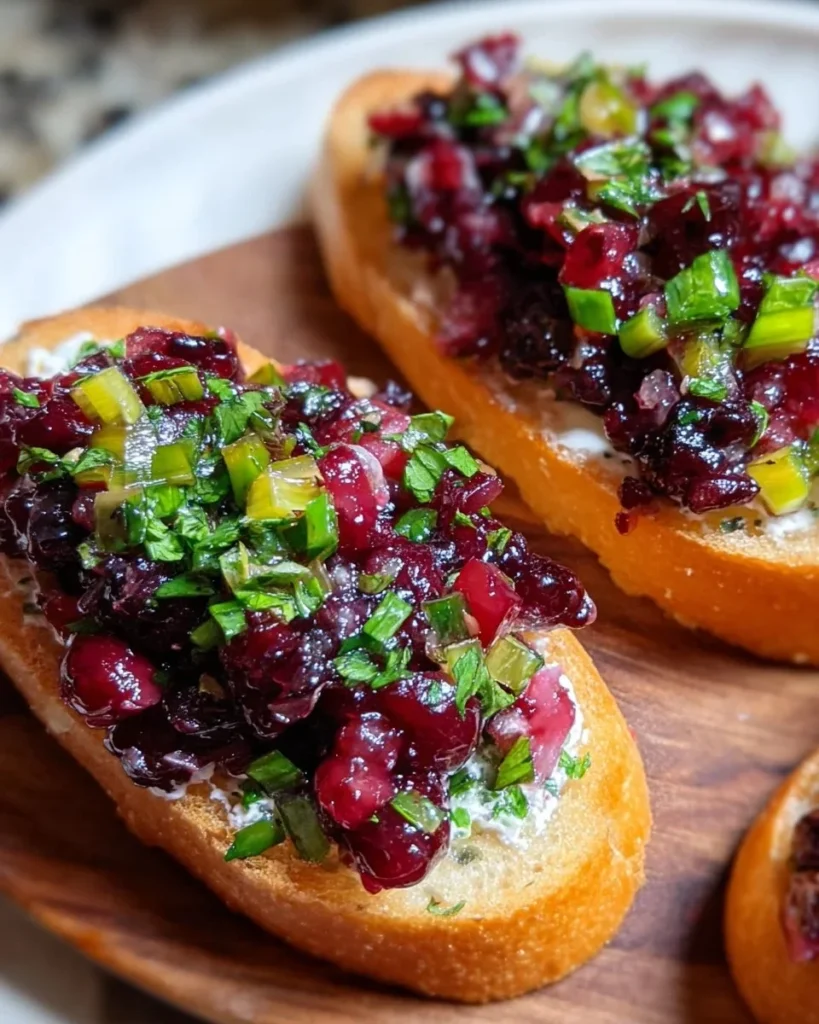 Crostini topped with Cranberry Jalapeño Tapenade garnished with herbs