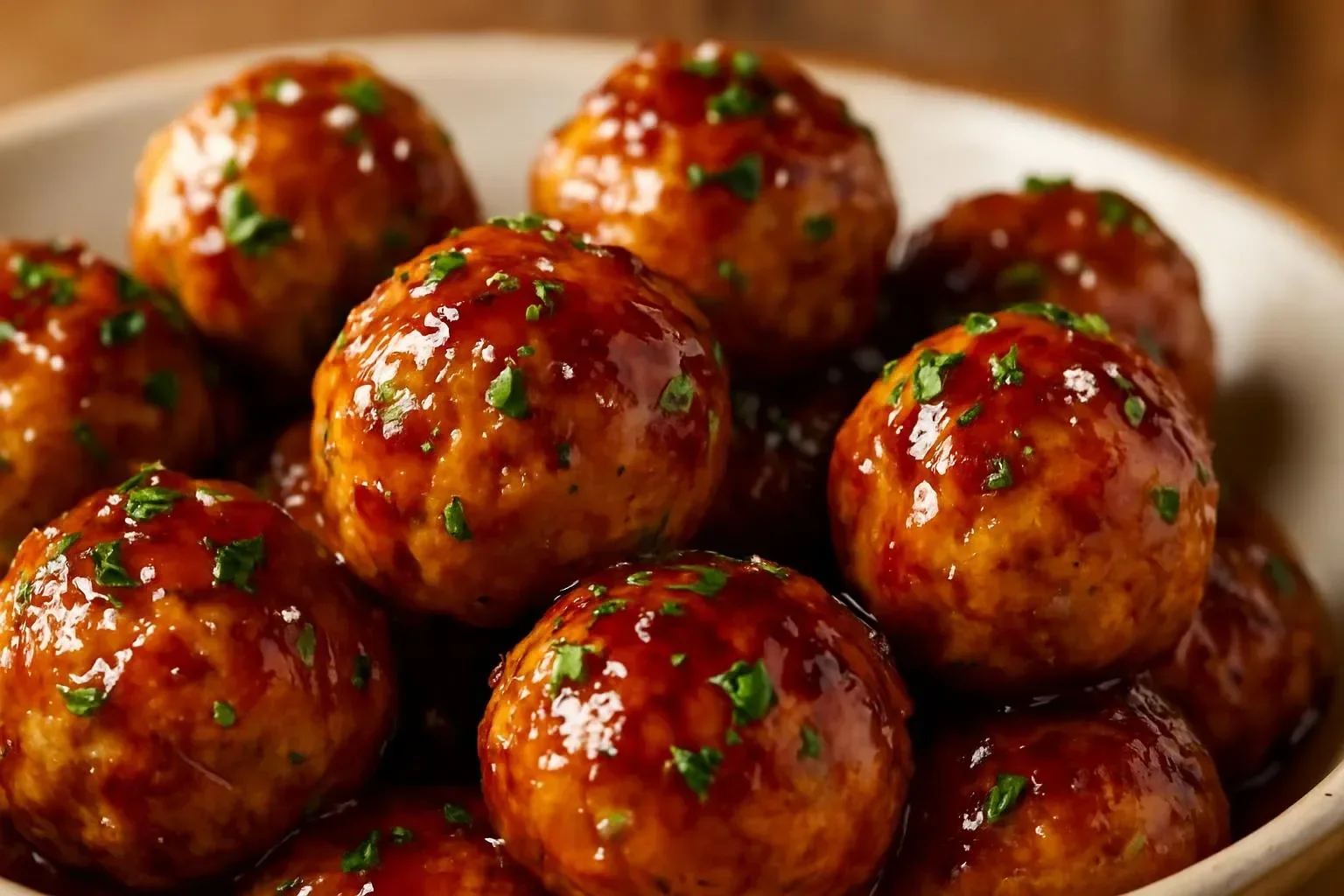 Plate of cranberry orange chicken meatballs garnished with fresh herbs