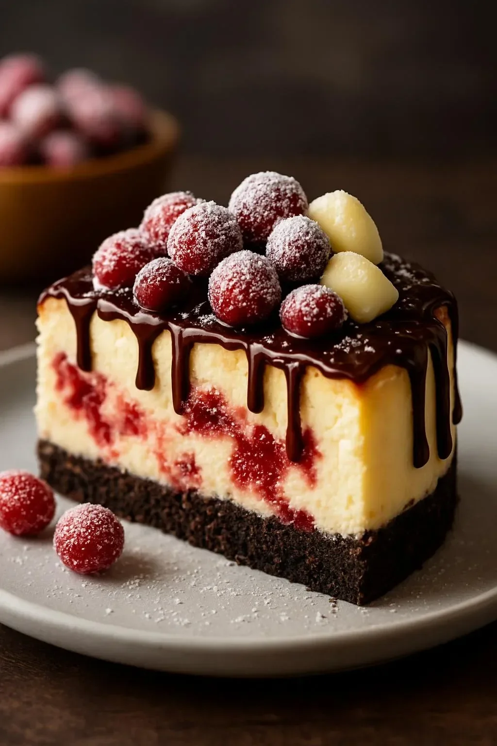Slice of cranberry white chocolate cheesecake with a creamy topping and cranberry garnish.
