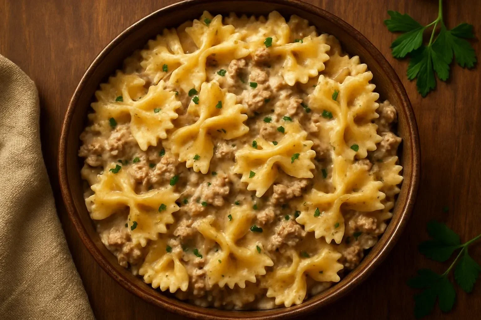 Creamy beef and bowtie pasta dish topped with parsley