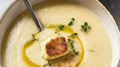 Bowl of creamy cauliflower soup garnished with herbs