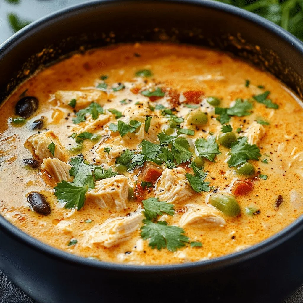 Bowl of creamy chicken enchilada soup topped with herbs and cheese
