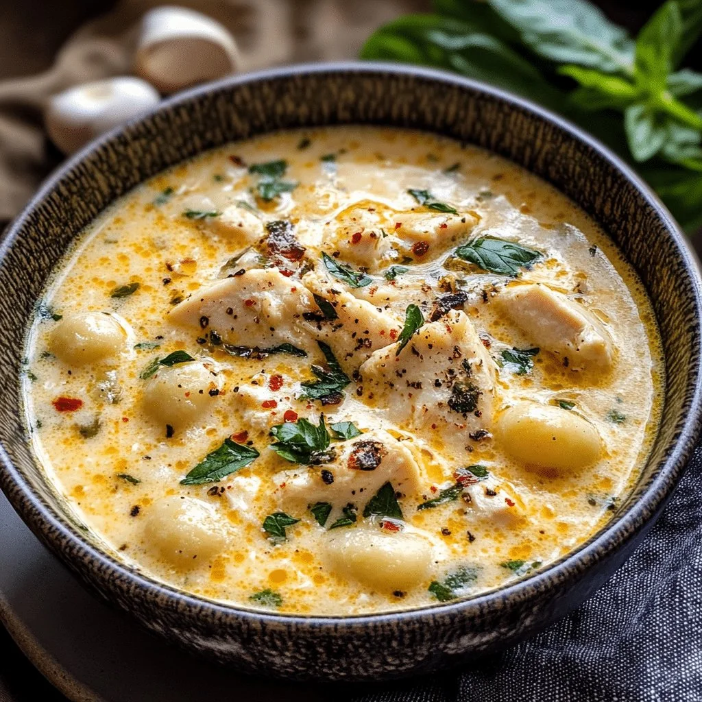 Bowl of creamy chicken gnocchi soup garnished with herbs
