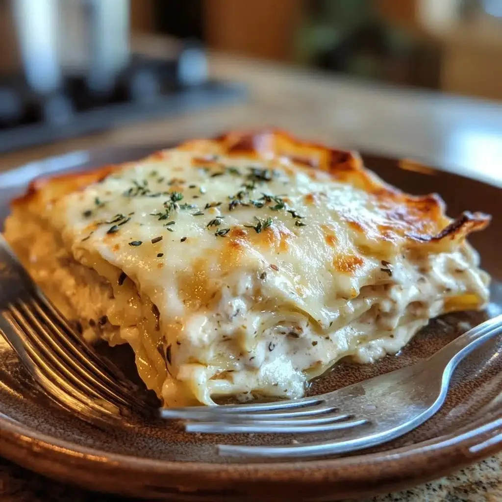 Delicious Alfredo Chicken Lasagna topped with creamy sauce and herbs.