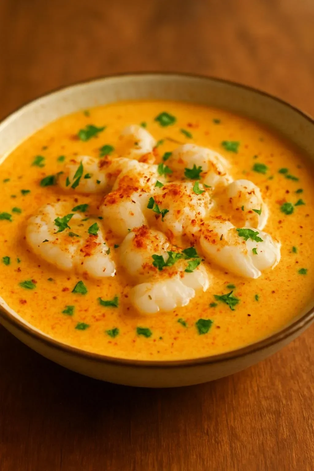 Bowl of creamy crab soup garnished with herbs, representing a warm and comforting dish.