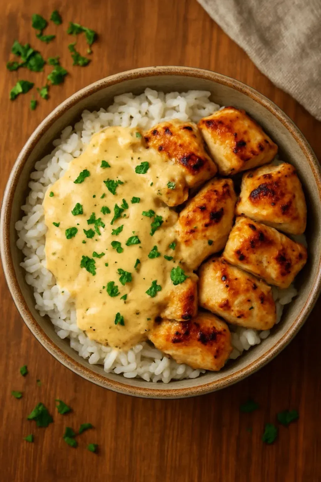 Creamy garlic chicken and rice bowls served in a dish with garnishes