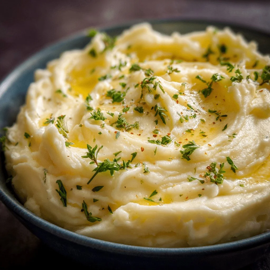 Bowl of creamy mashed potatoes garnished with herbs