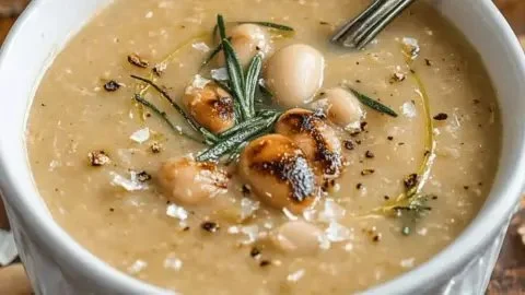 Bowl of creamy roasted garlic bean soup with rosemary garnish, perfect for cozy nights