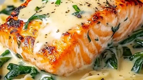 Creamy salmon florentine dish served with spinach and herbs