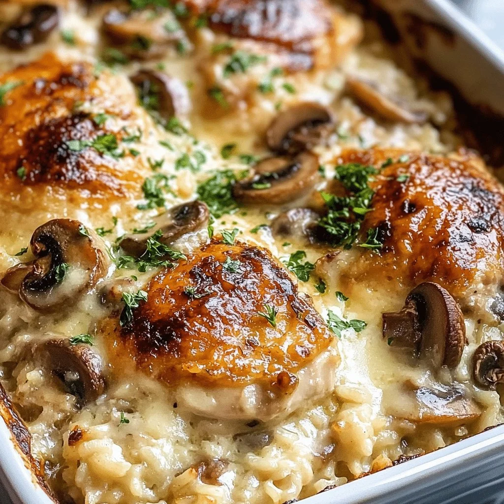 Creamy smothered chicken and rice casserole served in a baking dish