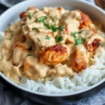 Delicious Creamy Smothered Chicken And Rice served on a plate with herbs.