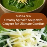 Creamy spinach soup with Gruyère cheese served in a bowl