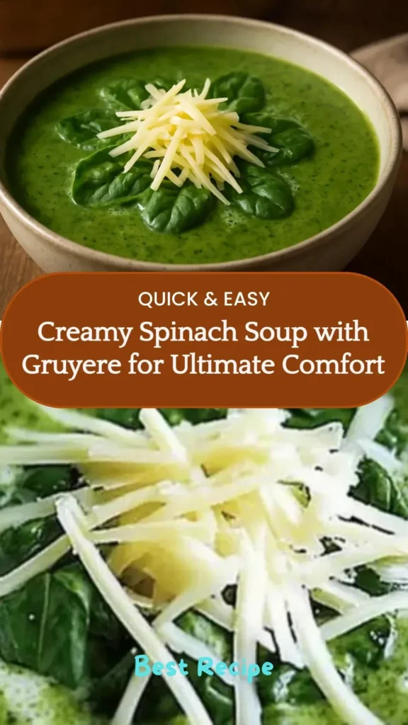 Creamy spinach soup with Gruyère cheese served in a bowl
