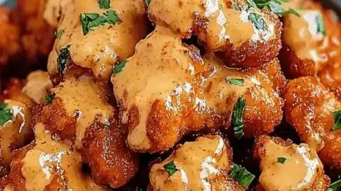 Crispy bang bang chicken served on a plate with dipping sauce