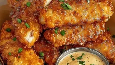 Crispy crack chicken tenders served with dipping sauce, kid-friendly meal.