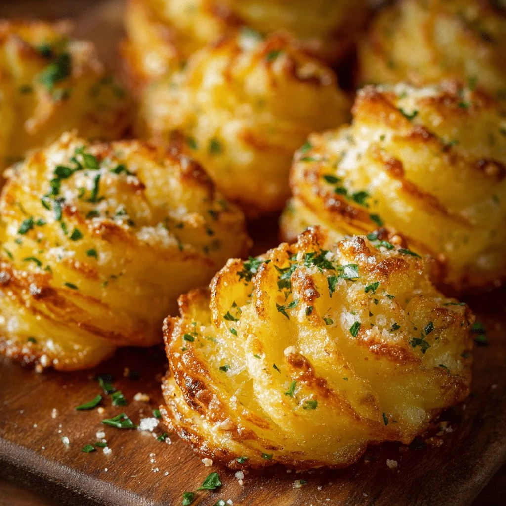 Plate of crispy garlic Parmesan Duchess Potatoes garnished with herbs