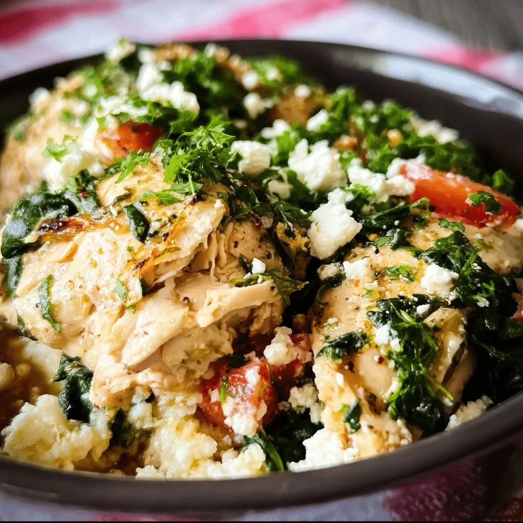 Crock Pot Mediterranean Chicken with Feta and Spinach served in a bowl