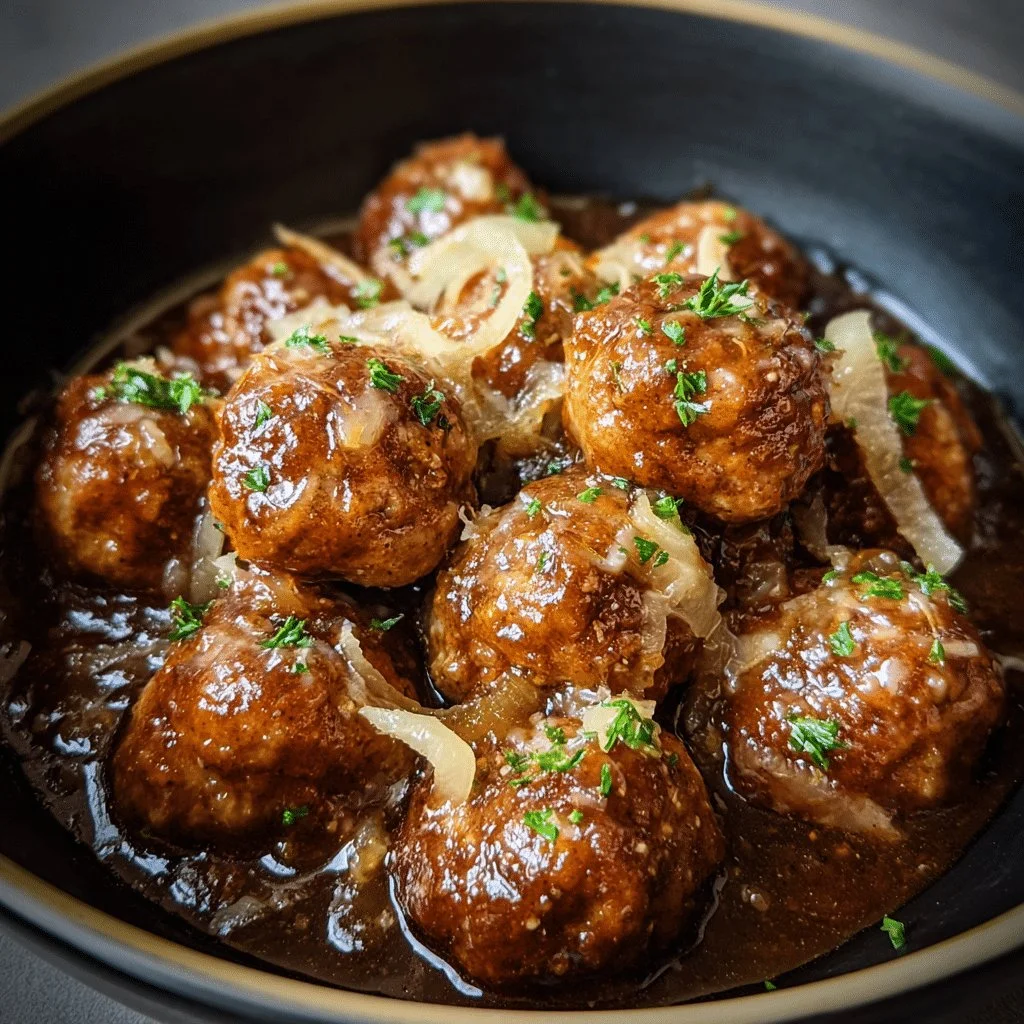 Crockpot French Onion Meatballs served with melted cheese and herbs
