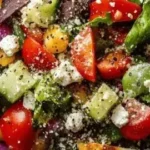 Crunchy Mediterranean chopped salad topped with pita dust and fresh ingredients.