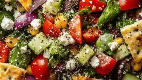 Crunchy Mediterranean chopped salad topped with pita dust and fresh ingredients.