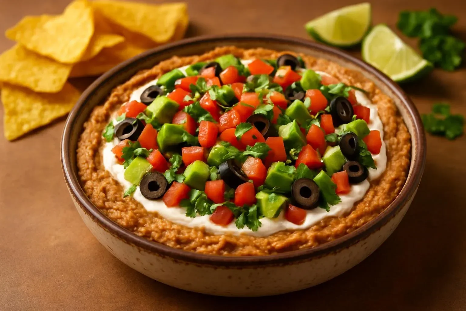 Dairy-free taco dip served in a bowl with fresh vegetables and tortilla chips