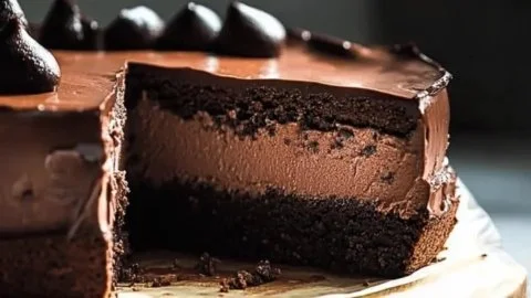 Delicious vegan chocolate mousse cake with rich chocolate layers