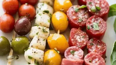 Colorful antipasto skewers with a variety of meats, cheeses, and vegetables.
