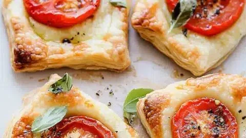 Delicious baked tomato tarts with puff pastry and fresh ingredients