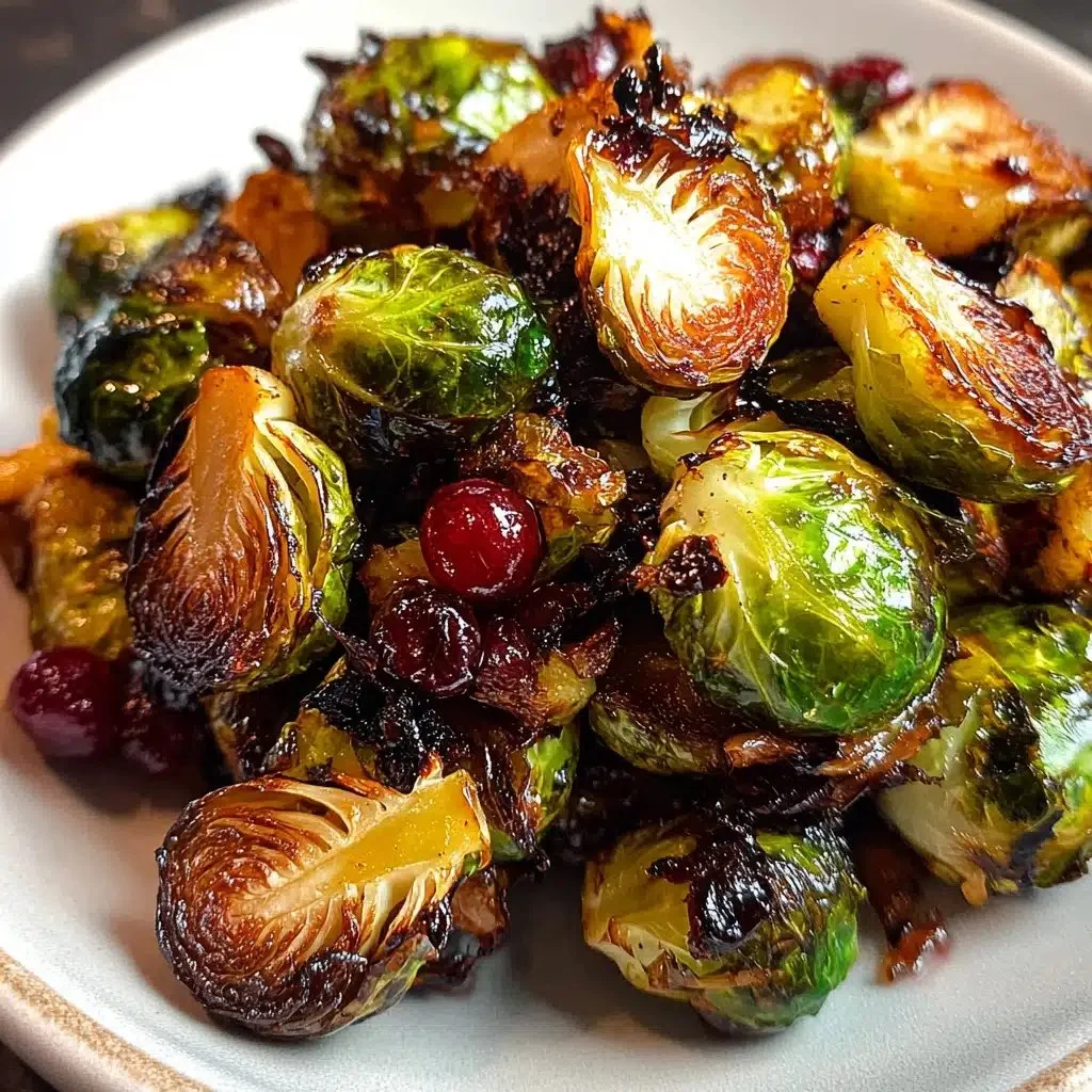 Caramelized Brussels sprouts glazed with cranberry and pear, perfect holiday side dish.