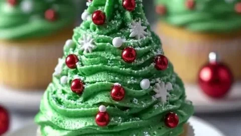 Deliciously decorated Christmas tree cupcakes for a festive holiday treat