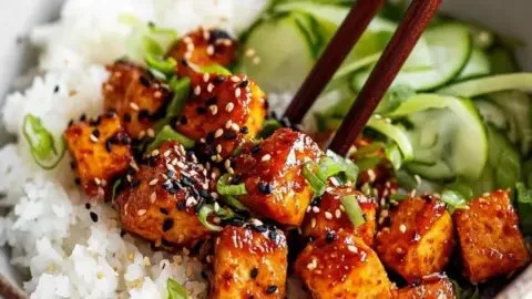 Delicious gochujang tofu served on a plate with vibrant vegetables.