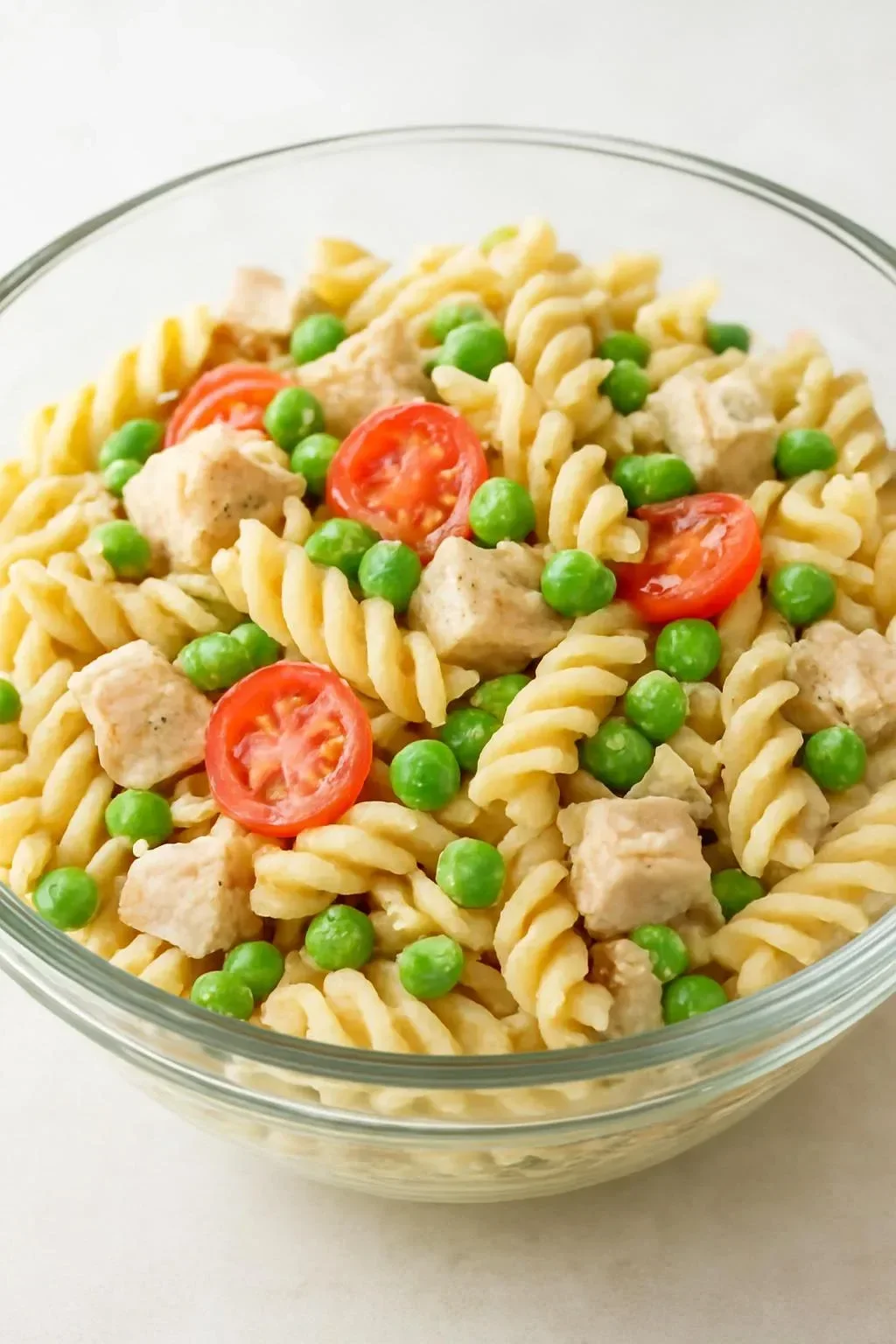 Chilled tuna pasta salad with peas, fresh ingredients for a healthy meal.