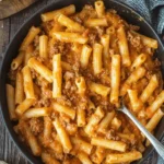Bowl of homemade Beefaroni with pasta and beef in a rich tomato sauce