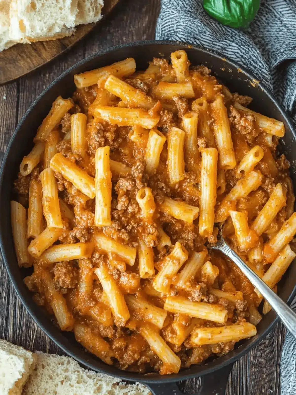 Bowl of homemade Beefaroni with pasta and beef in a rich tomato sauce