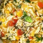 Bowl of vibrant Mediterranean Orzo Soup with fresh vegetables and herbs