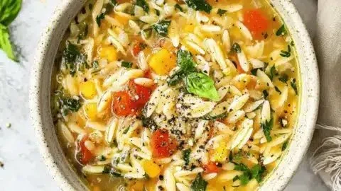 Bowl of vibrant Mediterranean Orzo Soup with fresh vegetables and herbs