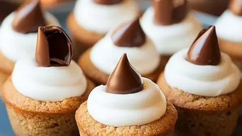 Delicious mini s'mores cookie cups served on a wooden table