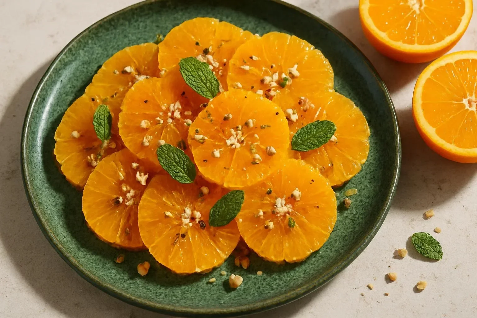 Healthy Moroccan orange salad with almonds and fresh mint leaves.