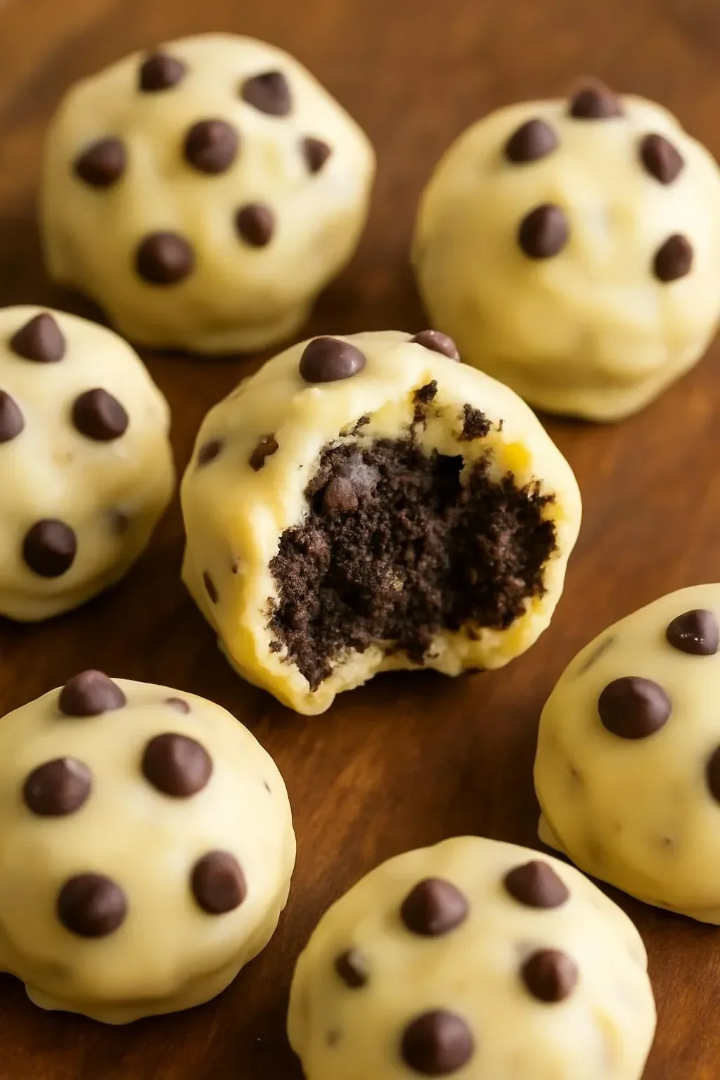 No-bake chocolate chip cookie dough brownie bombs on a white plate