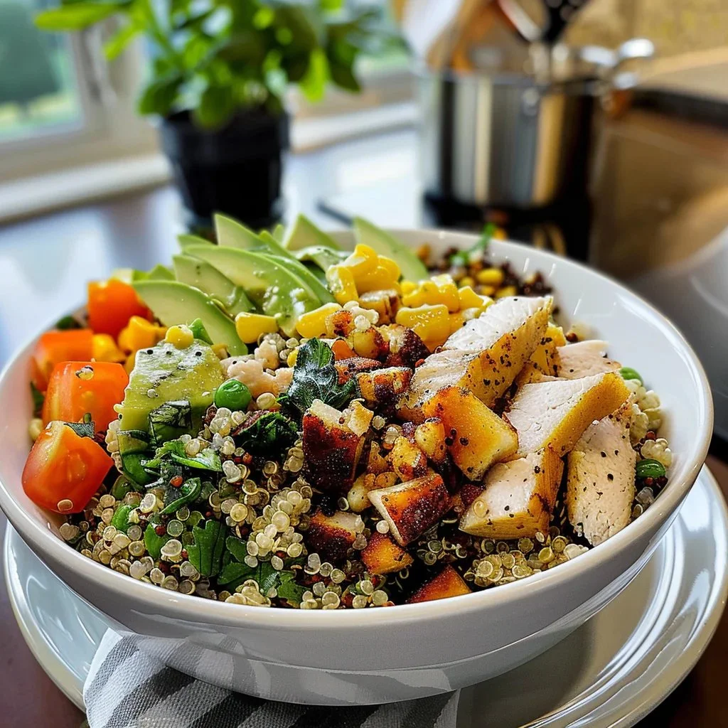 Delicious quinoa bowl filled with fresh vegetables and herbs