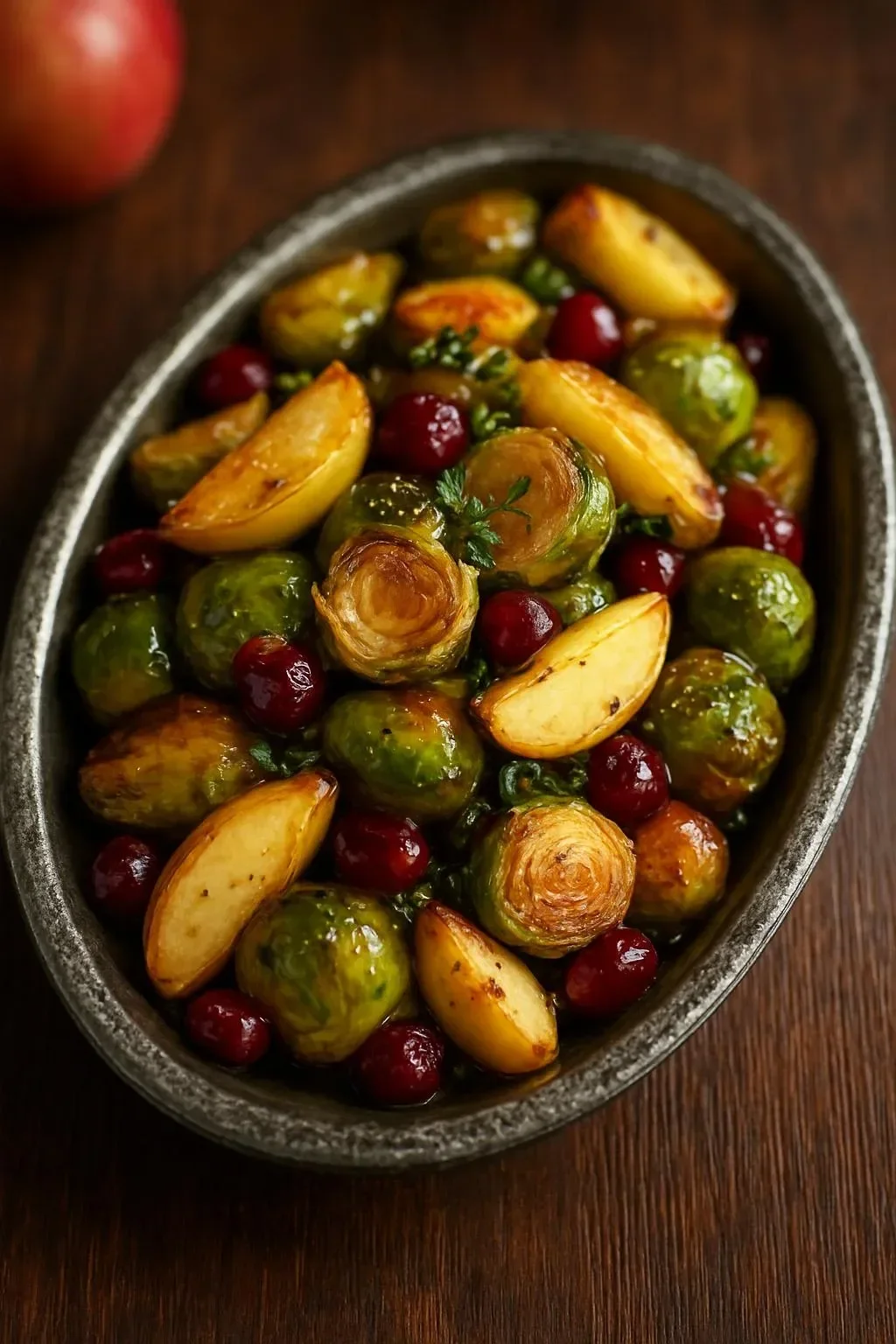 A vibrant dish of roasted pear cranberry brussels sprouts, showcasing flavors of fall.