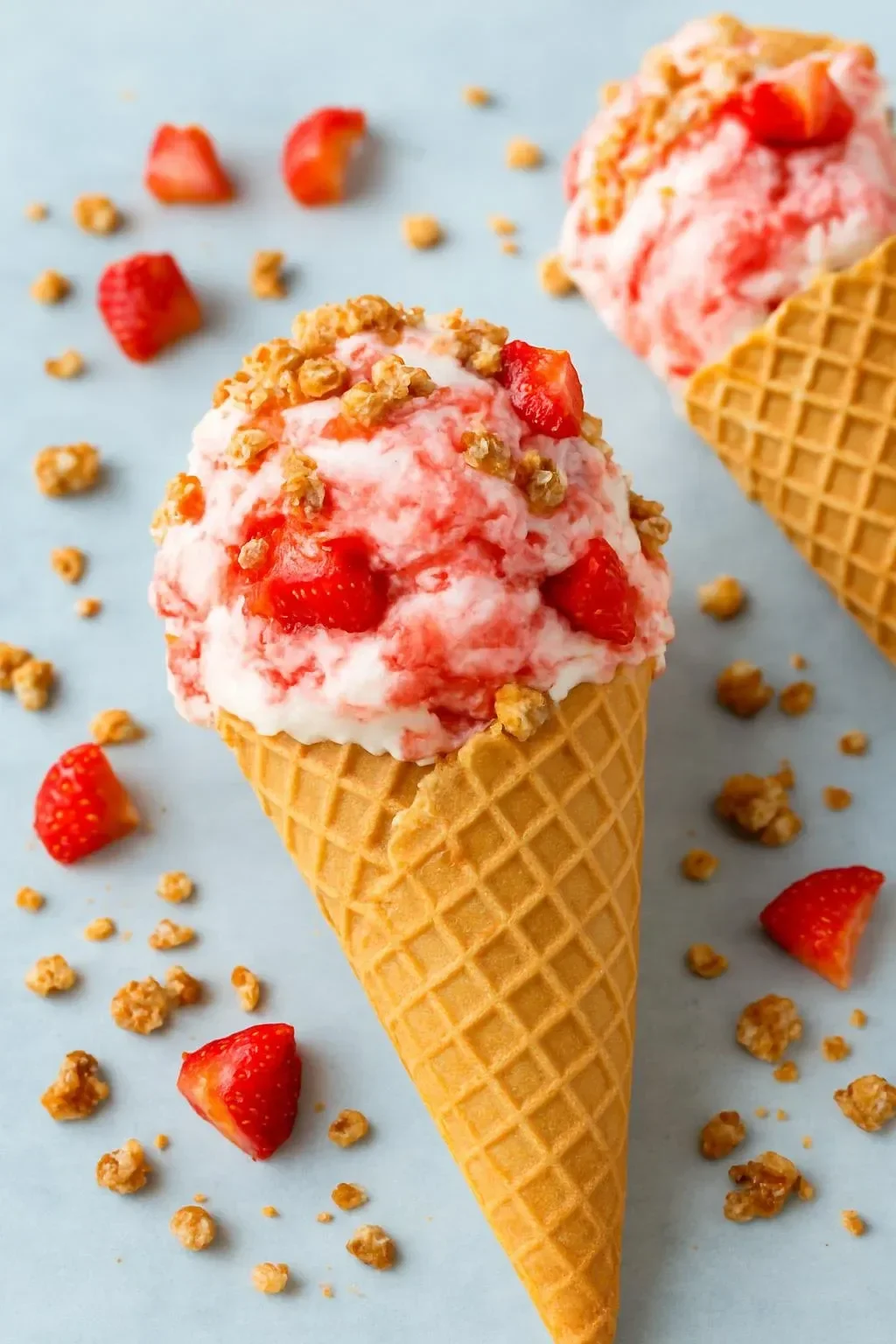 Delicious strawberry crunch cheesecake cones served in a cone