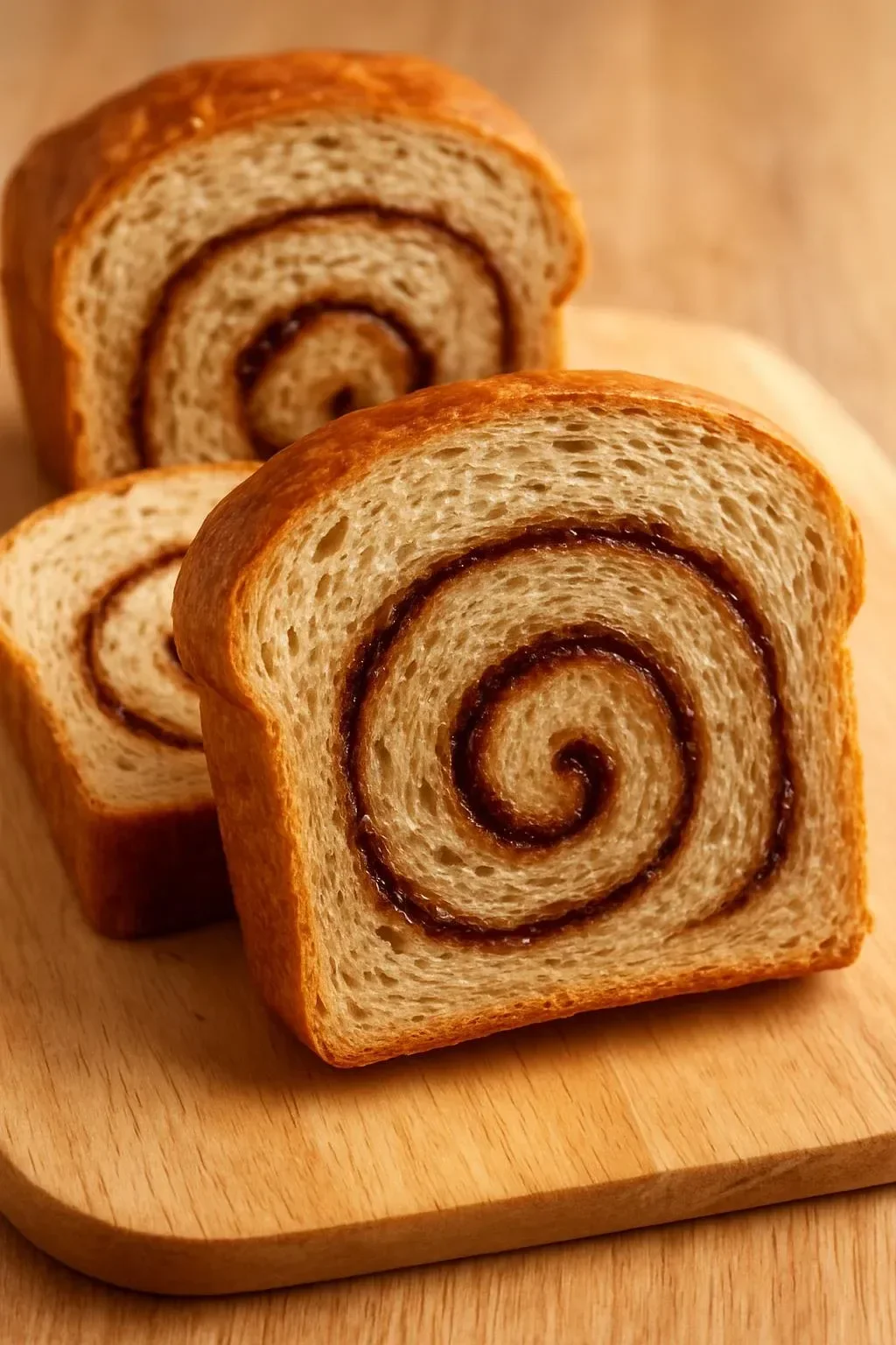 Delicious vegan cinnamon swirl bread loaf on a wooden board