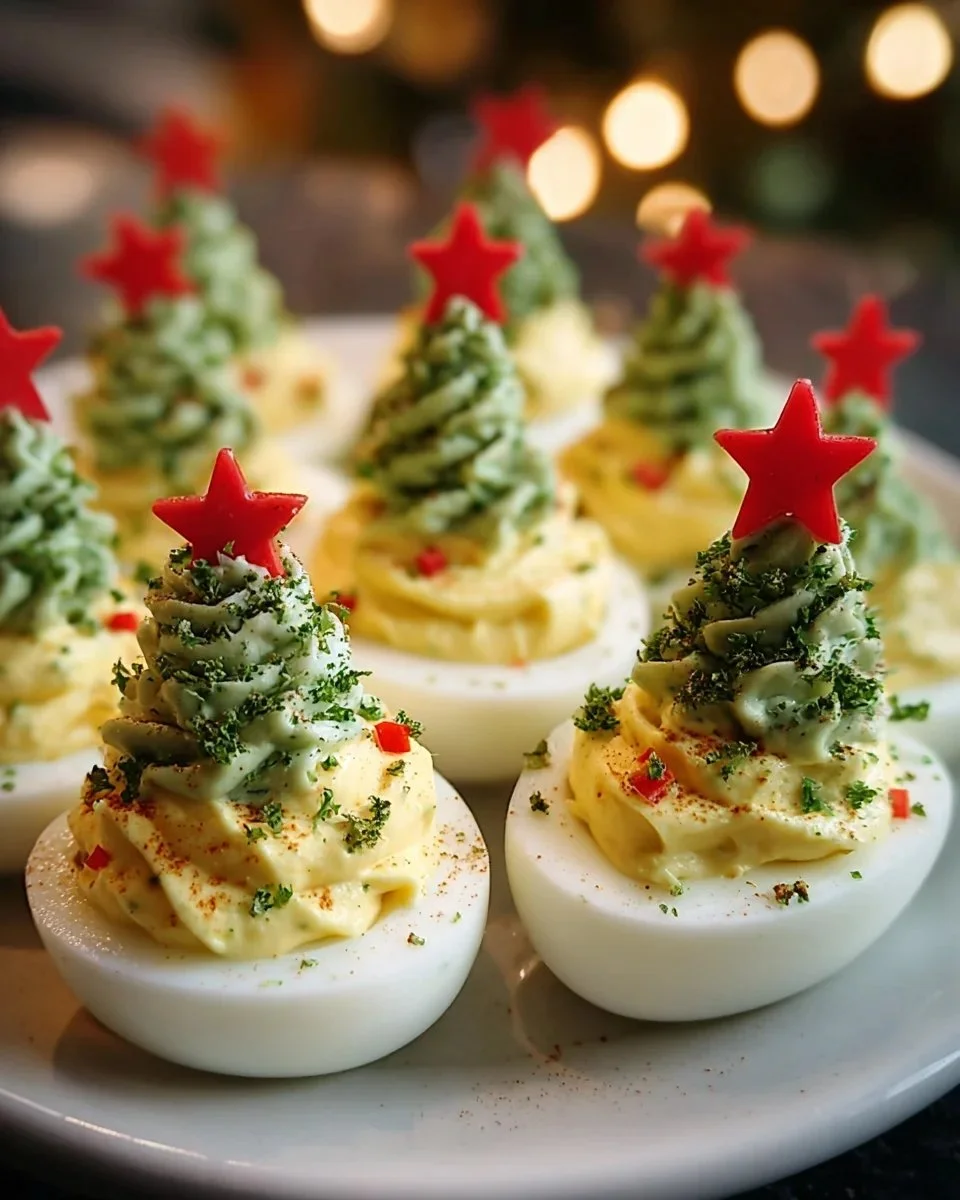 Deviled egg Christmas trees decorated for holiday gatherings