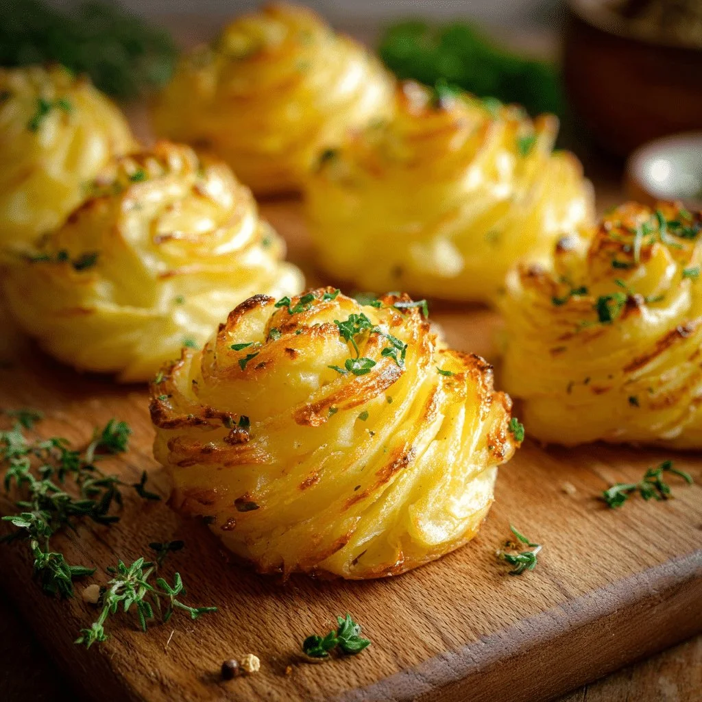 Plate of beautifully piped Duchess Potatoes with golden crust and fluffy texture.